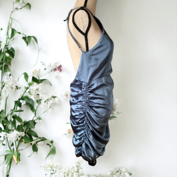Line and Dot Reveal Collection Steele Blue Open Back Satin Dress - Picture 6 of 12